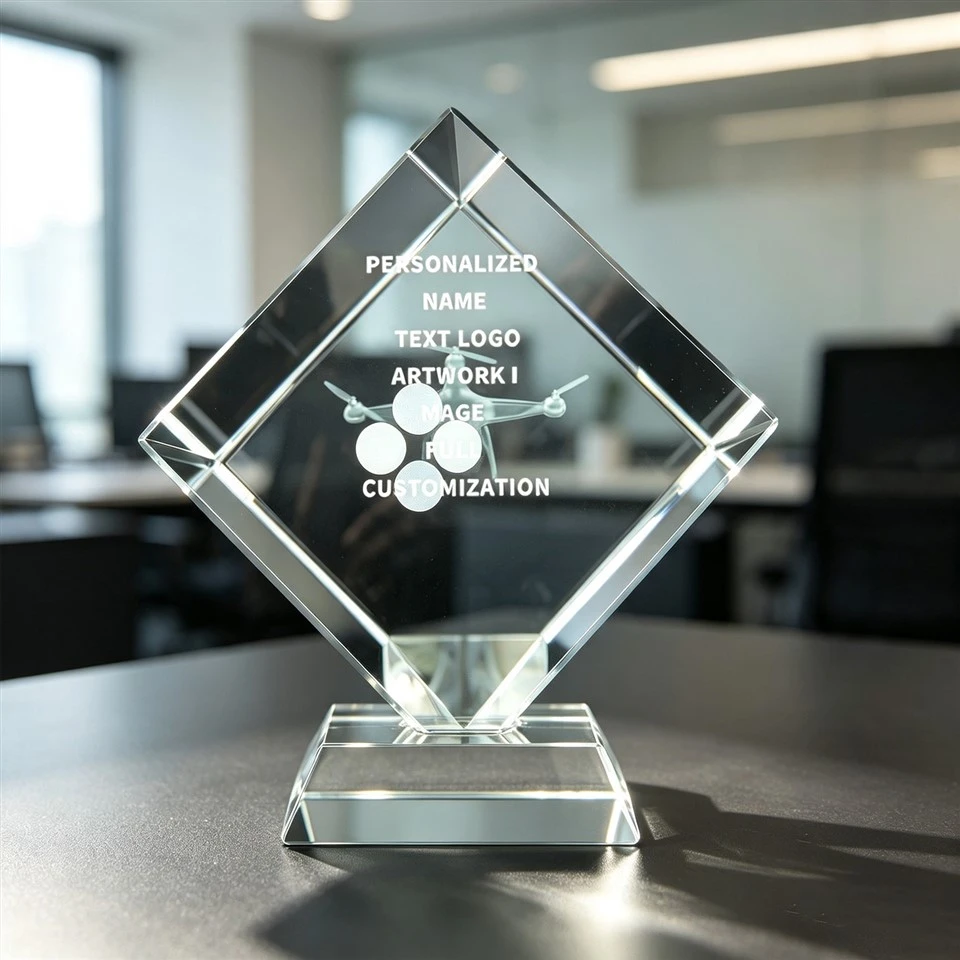 Pob zeb diamond Drone Laser Etched Crystal Award
