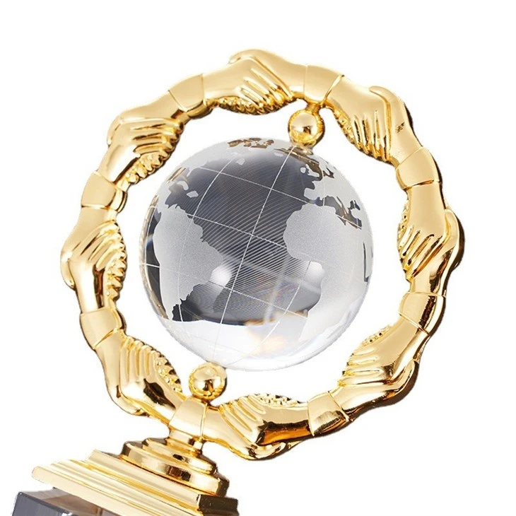 Metal & Crystal Globe Hands Support Trophy